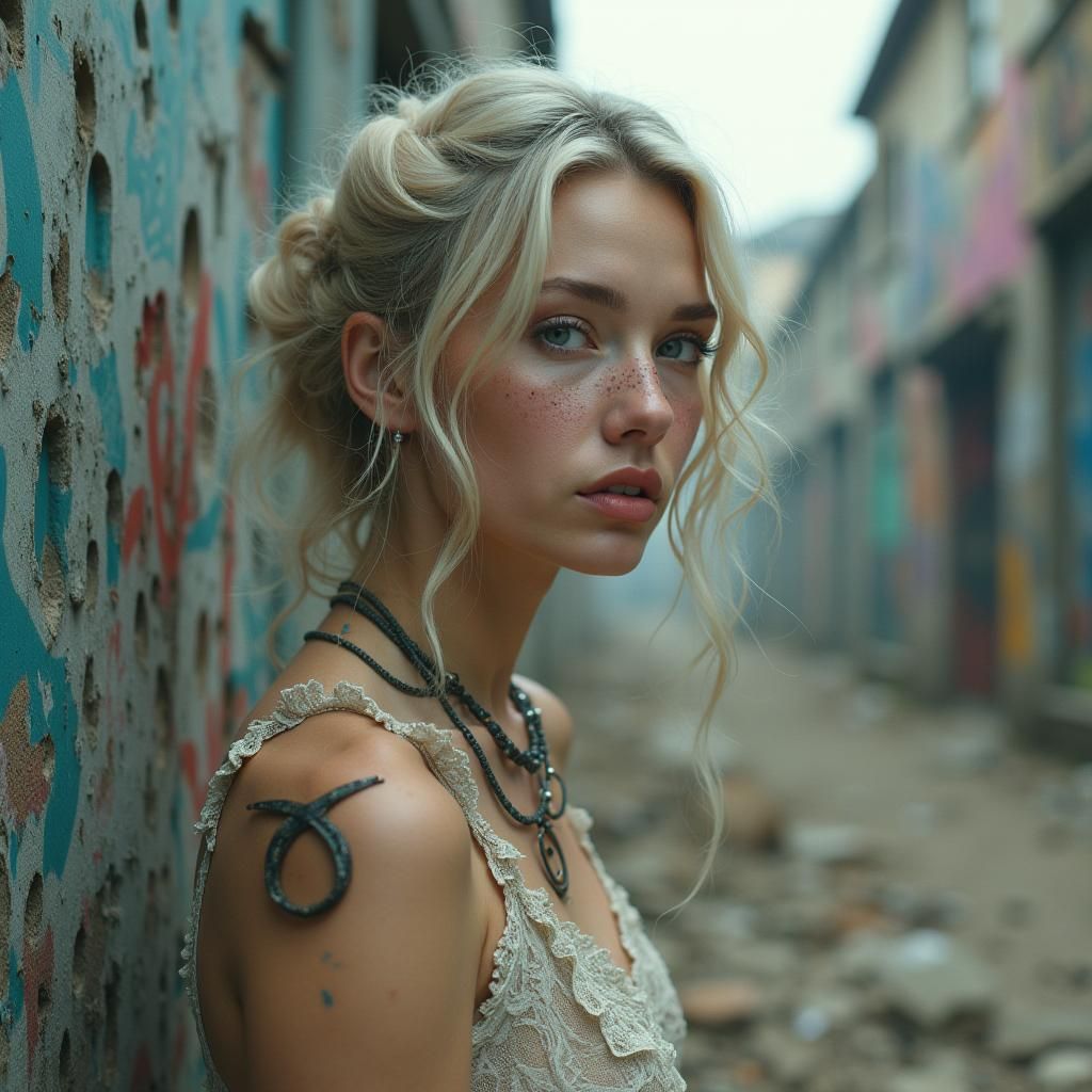 Charming Woman in Post-Apocalyptic Graffiti Scene