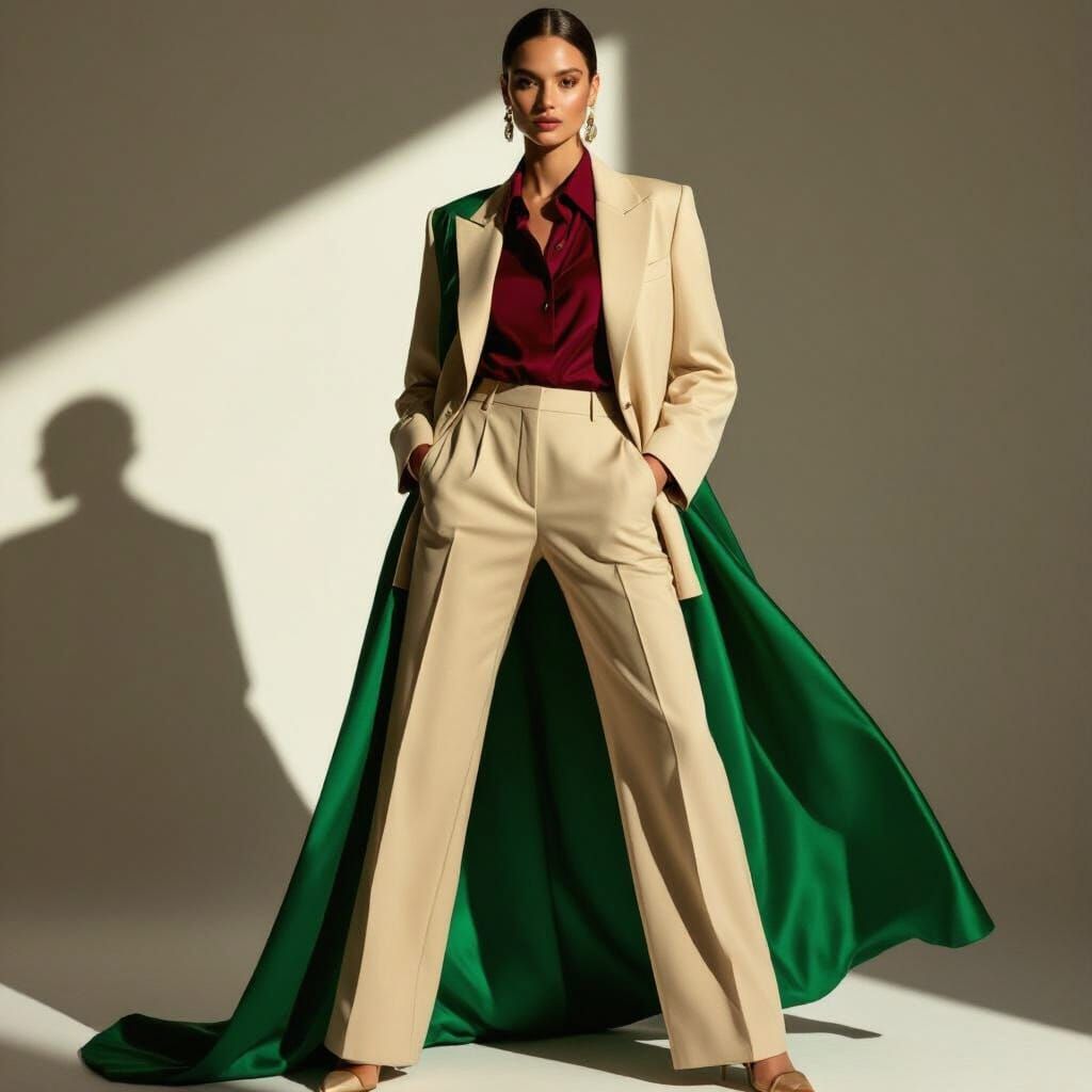 Model in Beige Pantsuit, Burgundy Shirt & Green Robe