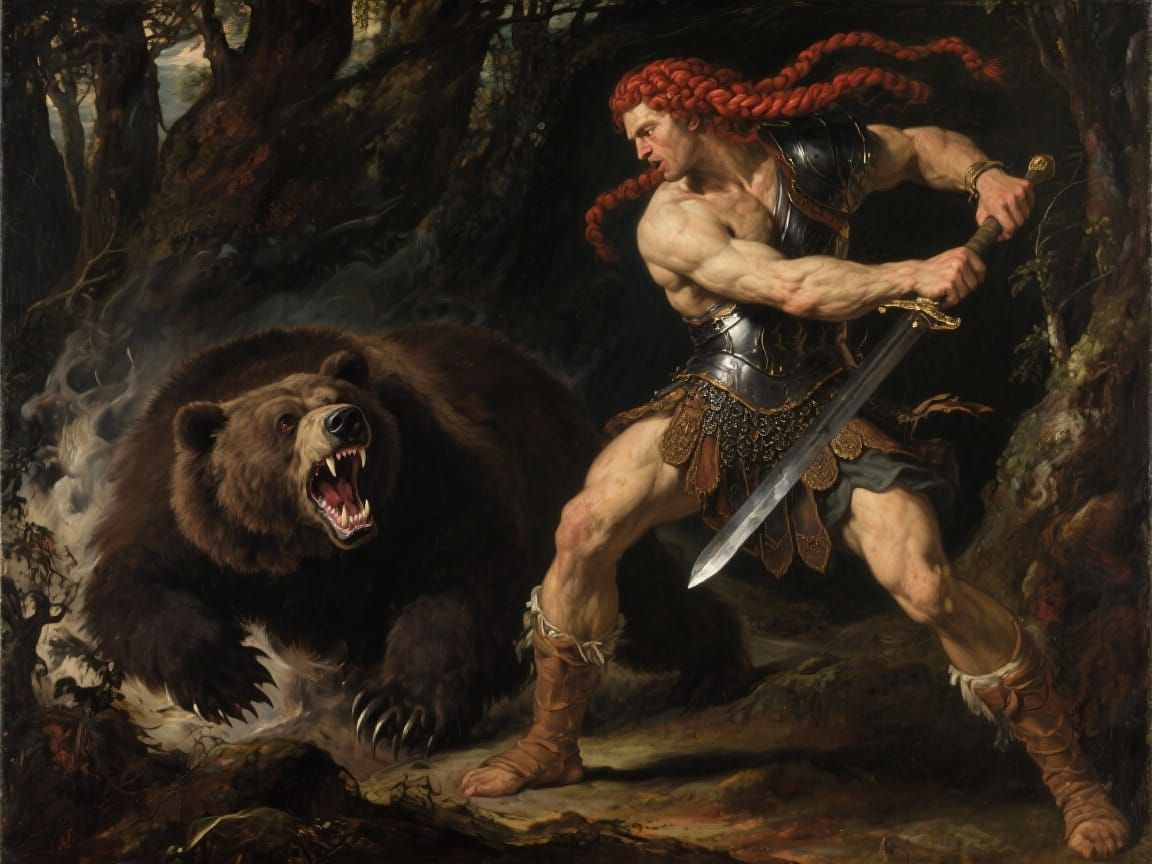 Warrior Battles Erupting Grizzly Bear in Renaissance Style