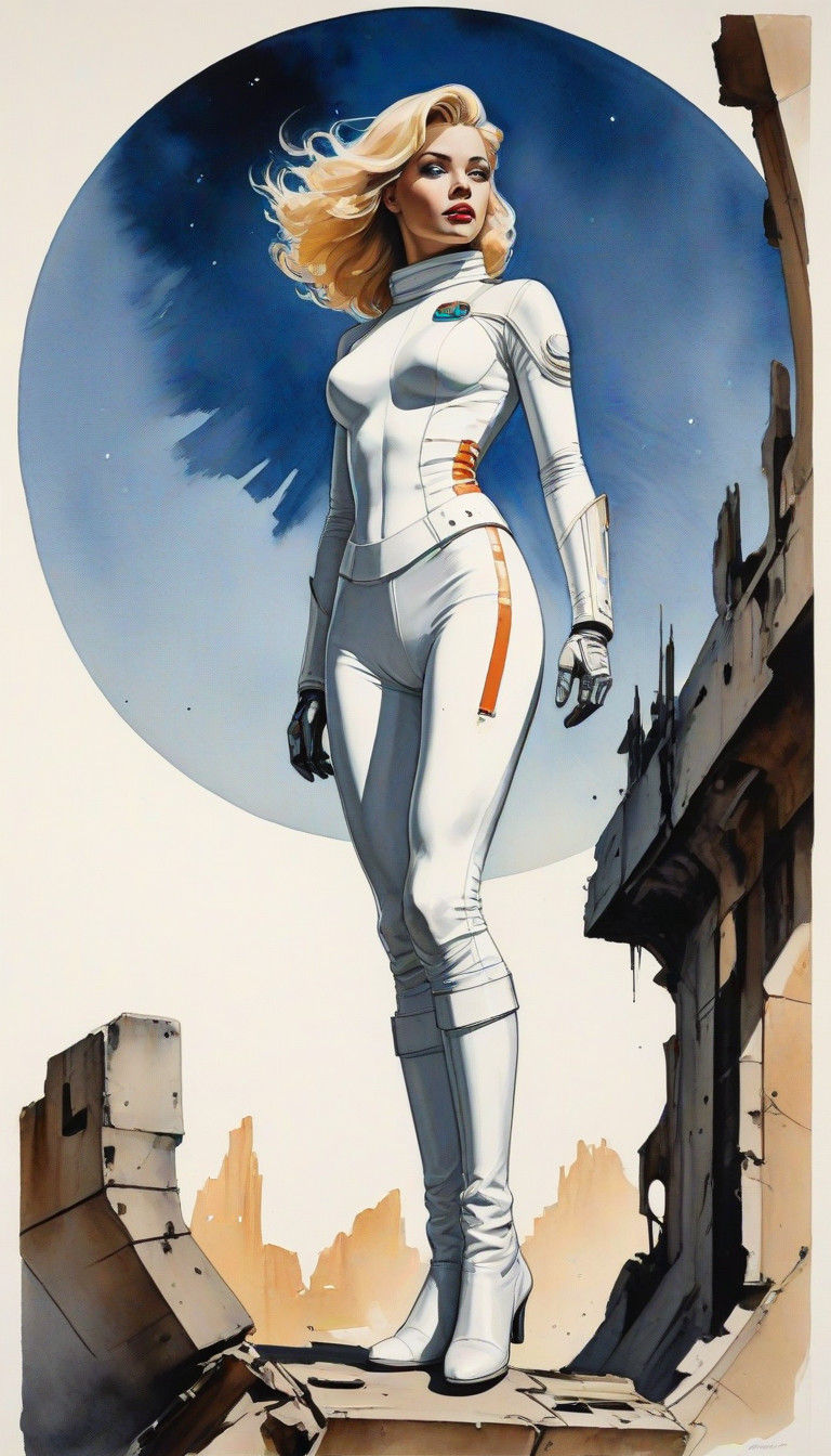 Barbarella in Ruins, 1950s Watercolour Portrait