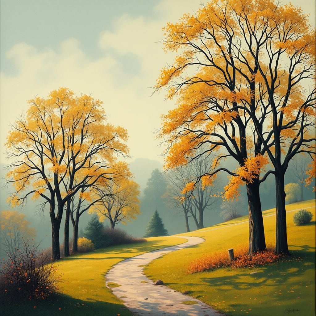 Autumnal Landscape with Stream in Watercolor Style