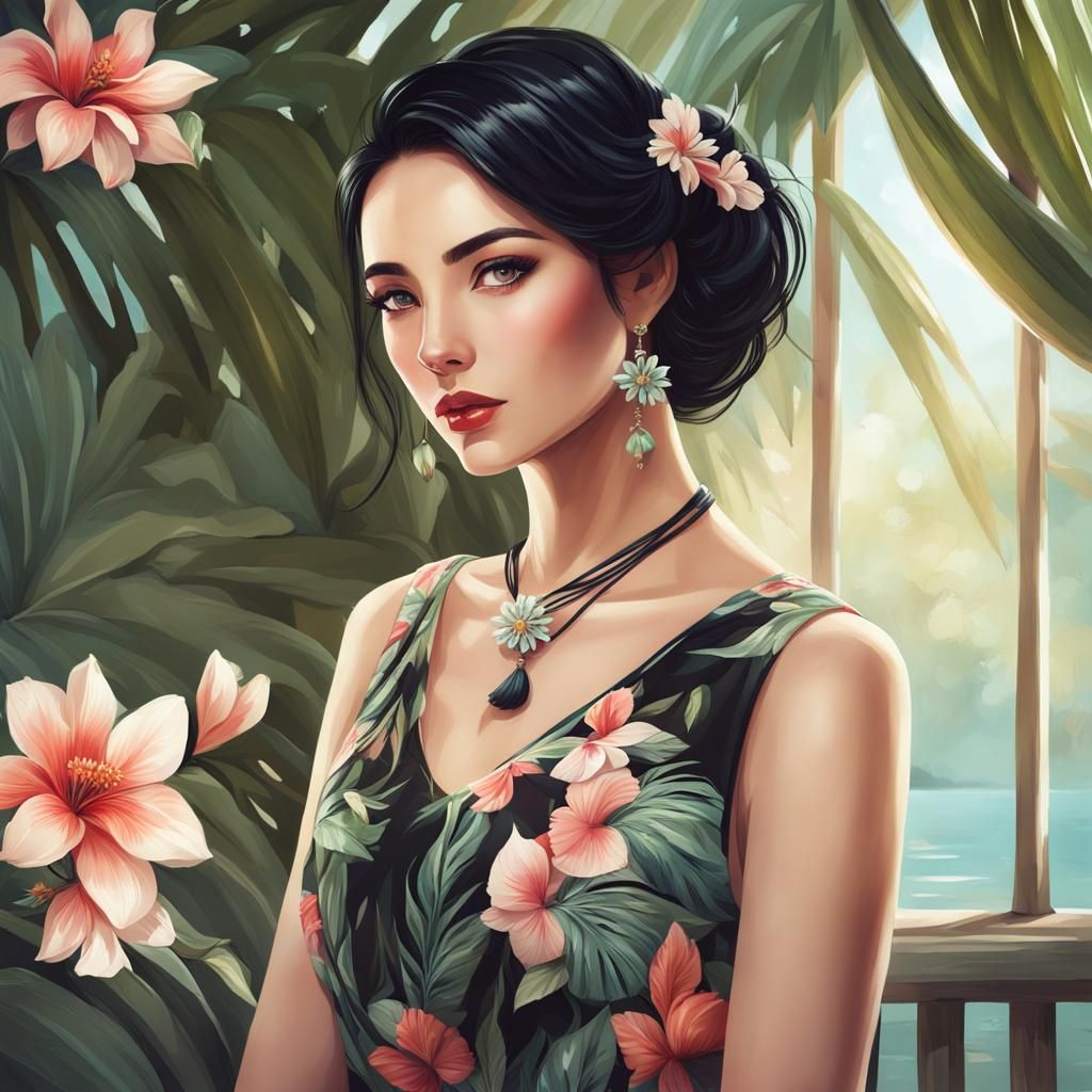 view of a stunning woman with tied black hair decorated with a delicate flower, realistic style, cinematic style, young ...