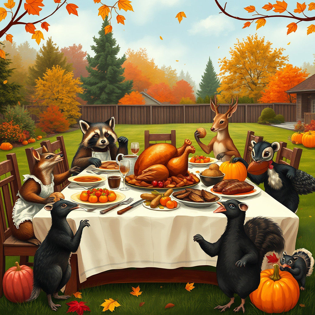 Thanksgiving Feast with Mischievous Animals in Folk Art Styl...