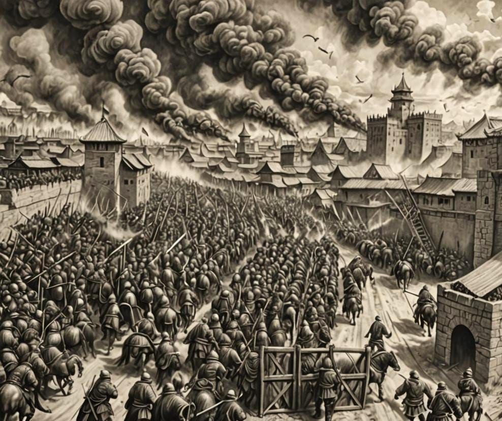 Mongol Army Siege: Hyperdetailed Charcoal Drawing