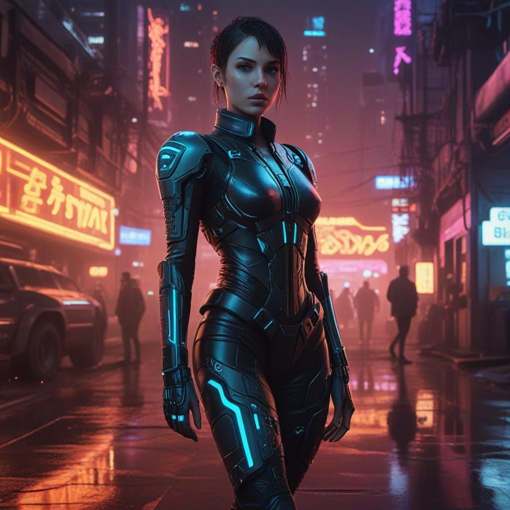 Gritty Cyberpunk Girl in High-Tech Exosuit, Amidst Futuristi...