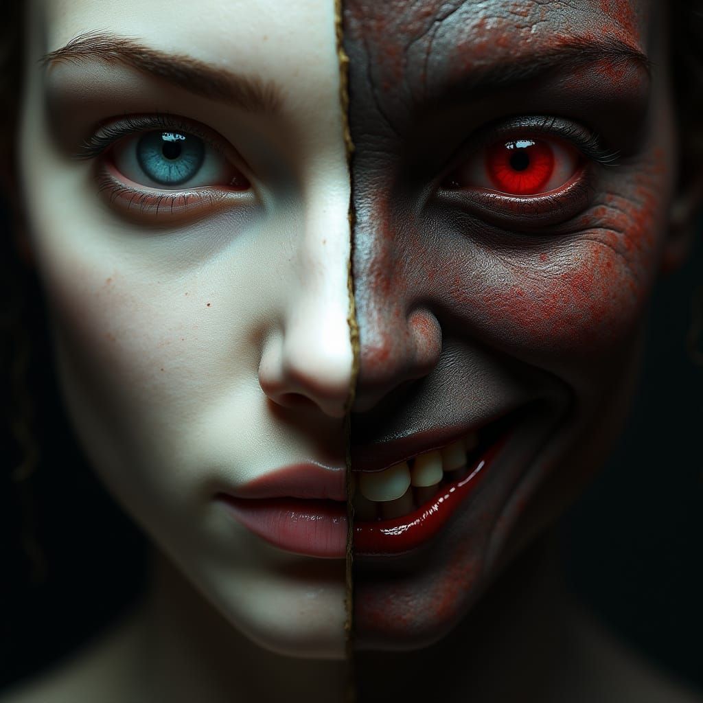 Hyperrealistic Portrait of Dual Human Nature