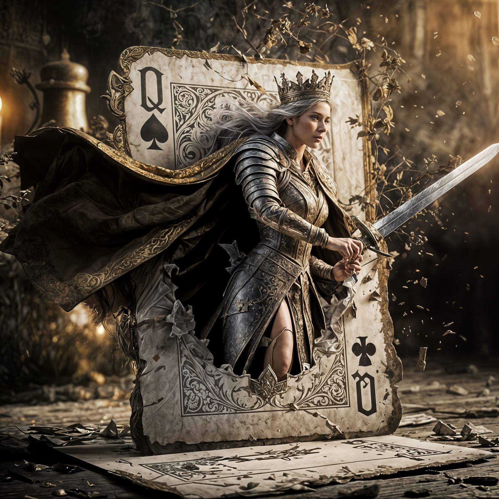 Regal Queen Emerges From Rustic Playing Card Wielding Sword