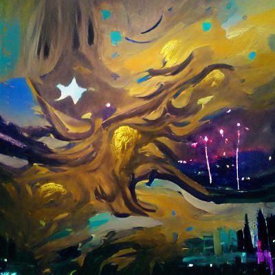 Golden Tree Under Starry Sky, Expressionist Oil Painting