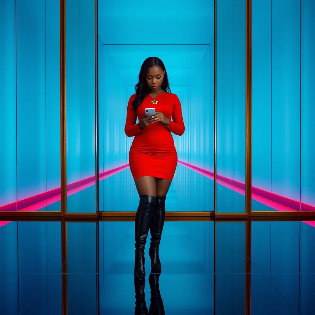 Standing in a futuristic corridor