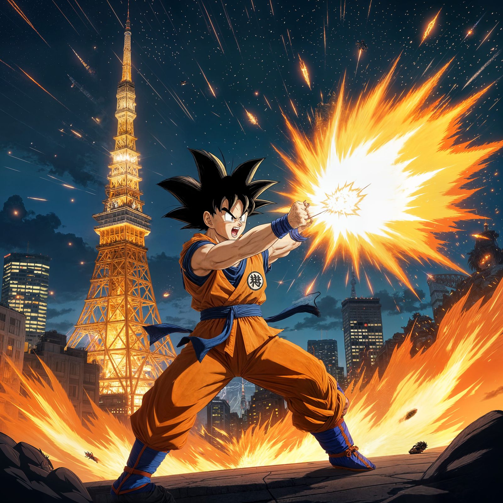 Goku's Kamehameha at Tokyo Tower in Manga Style