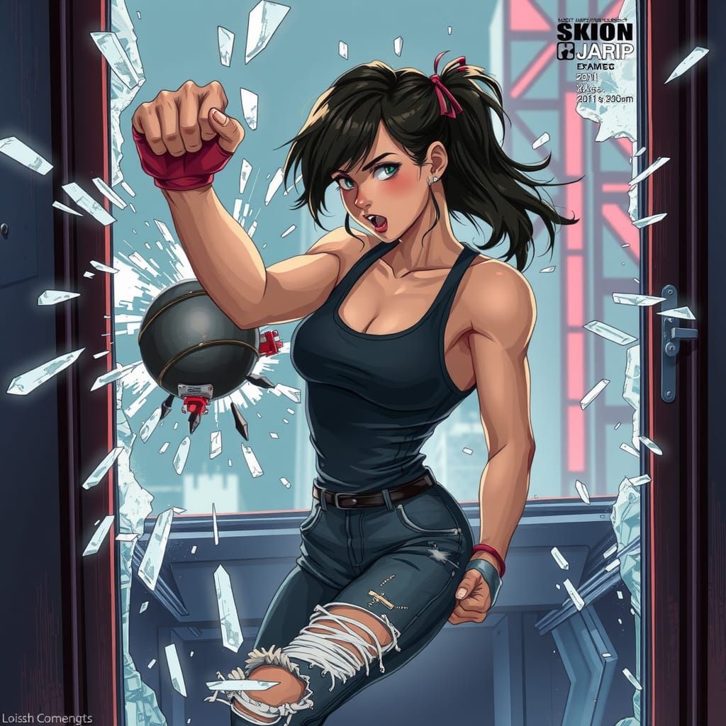 Cyberpunk Teen Shatters Window in Vibrant Digital Art