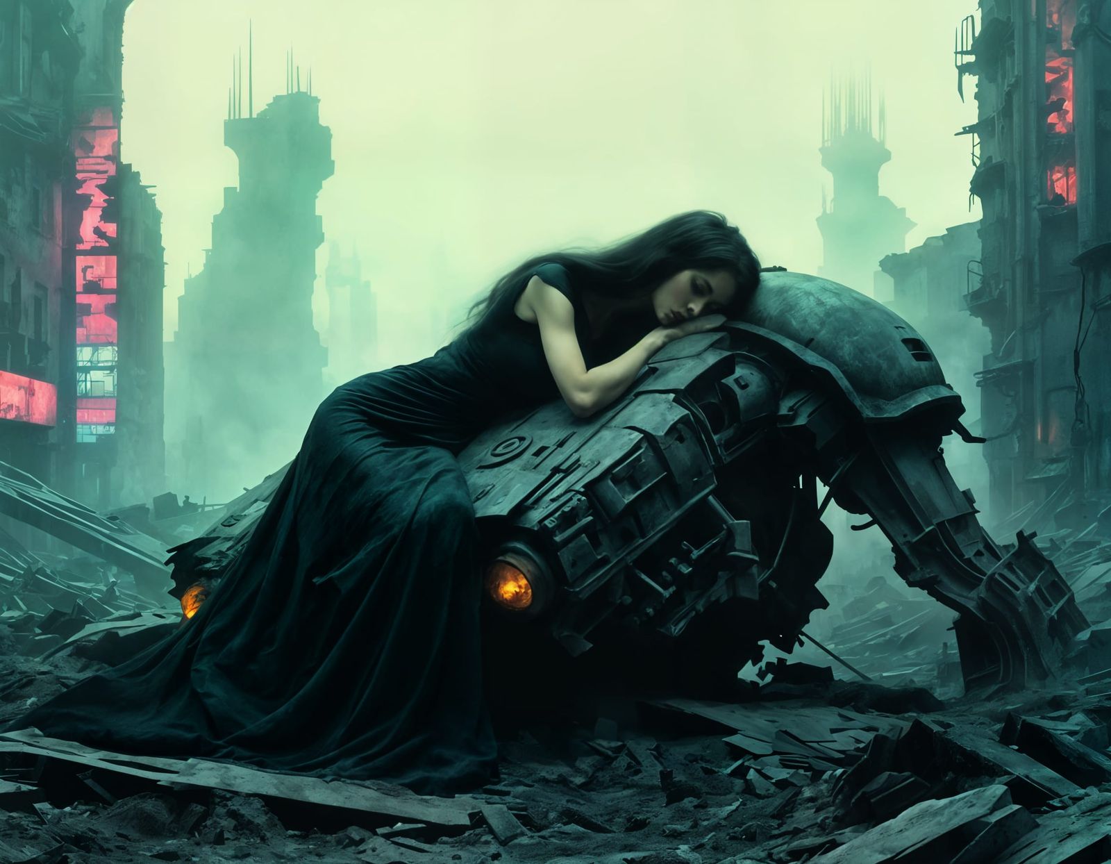 Woman Asleep on Mech in Ruined City