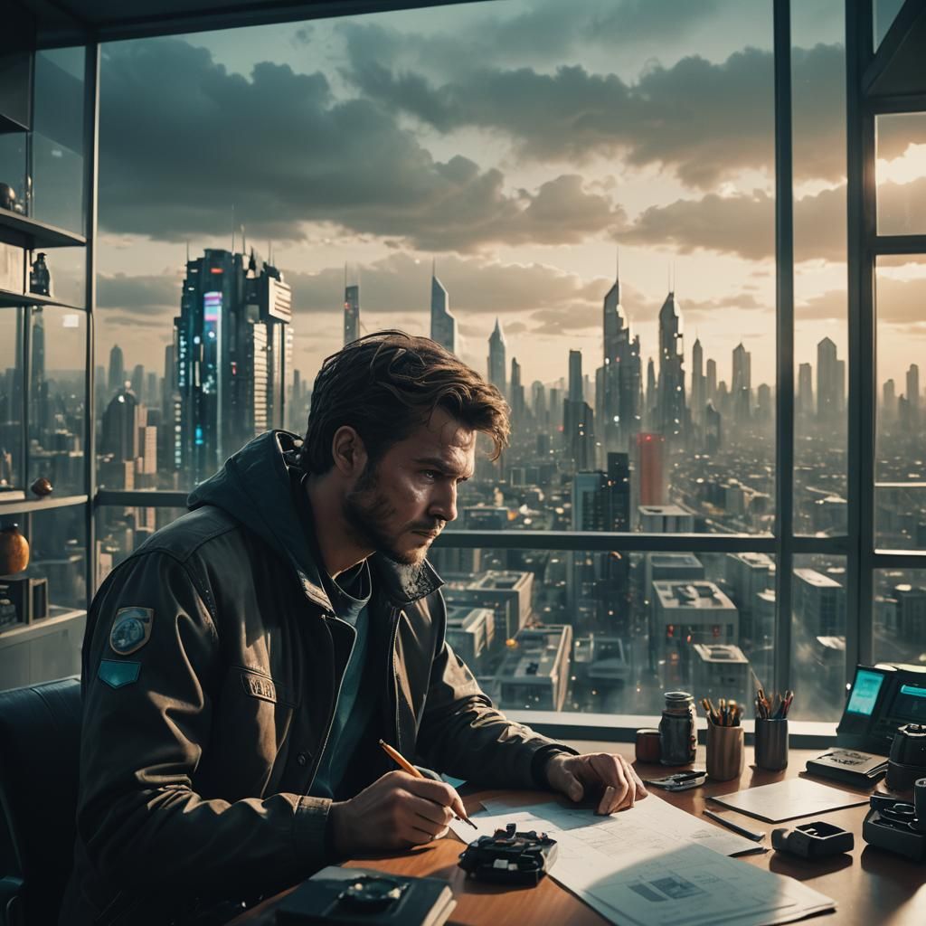 Futuristic Apartment View with Sad Man, Cinematic Style