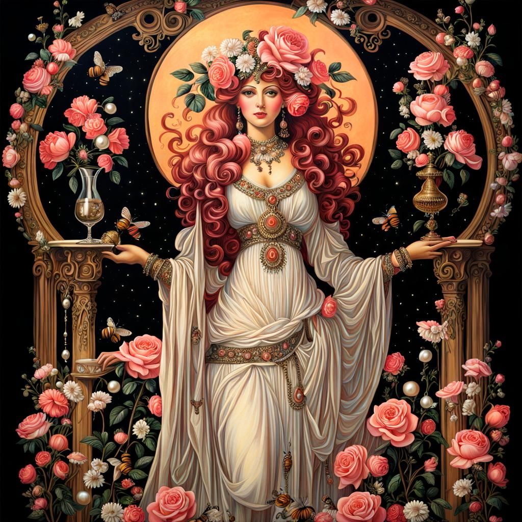 Renaissance Painting of Roses, Shells and Honey Bees