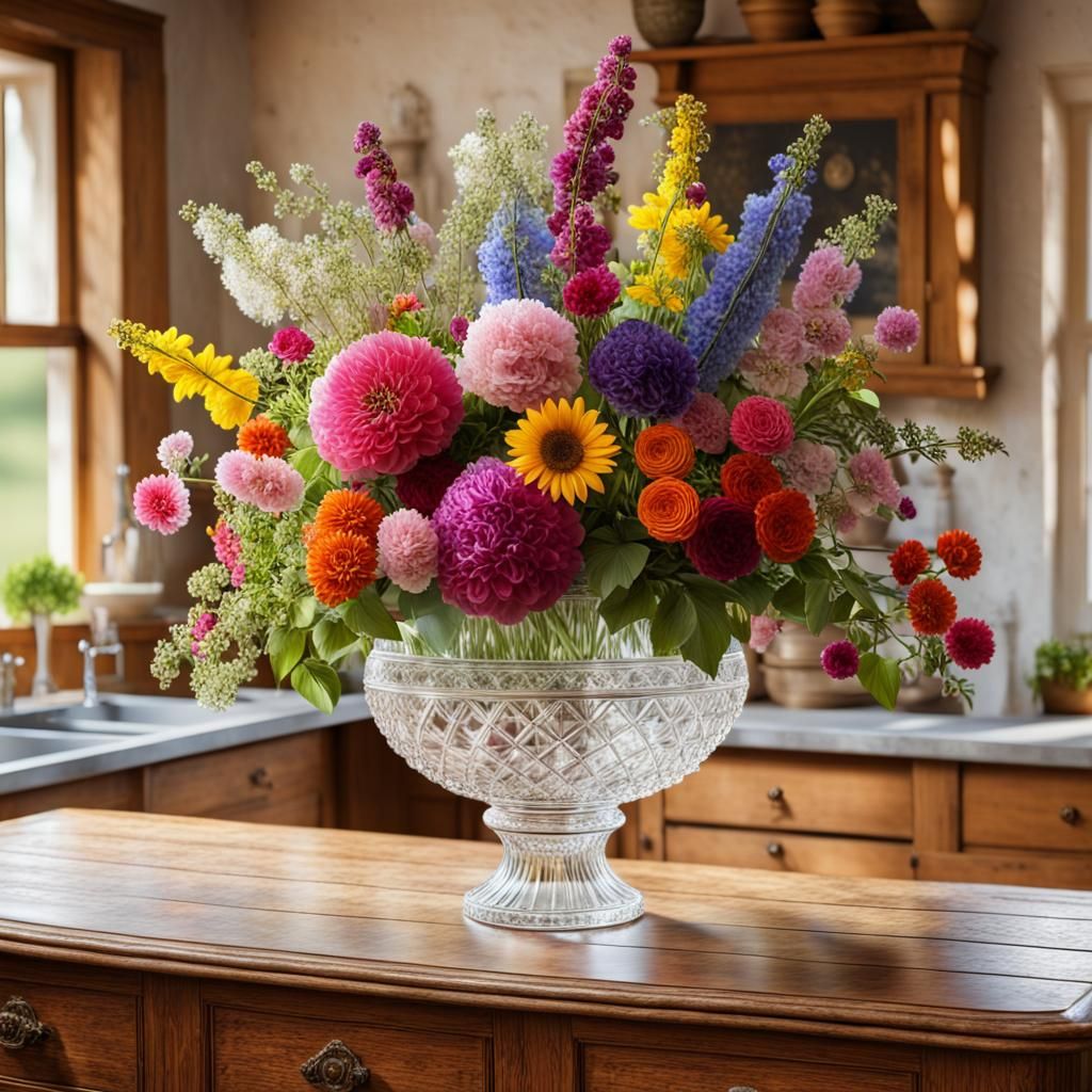 Colorful Flower Arrangement in Antique Crystal Vase