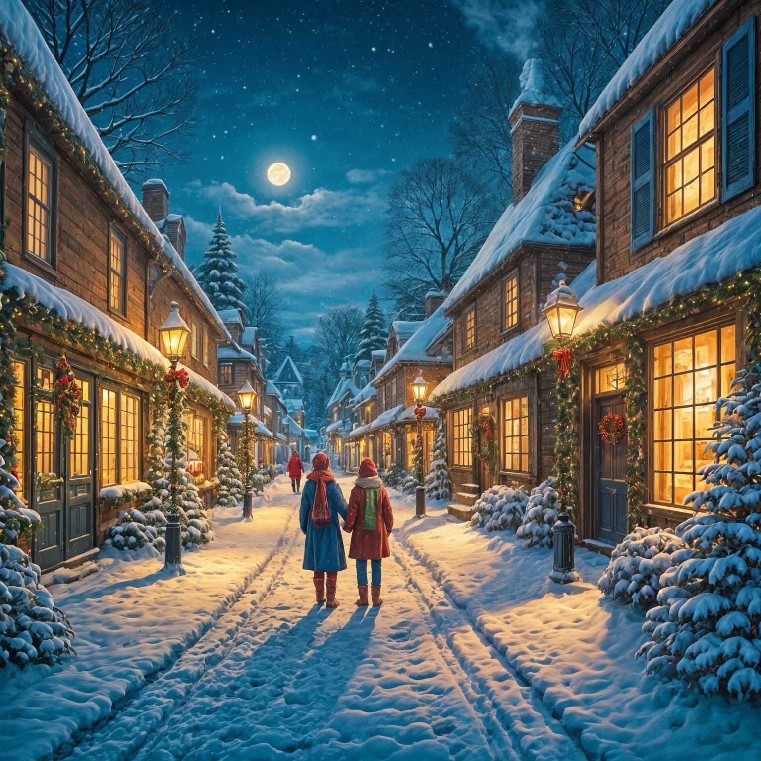 Christmas Village Under Snowy Night Sky