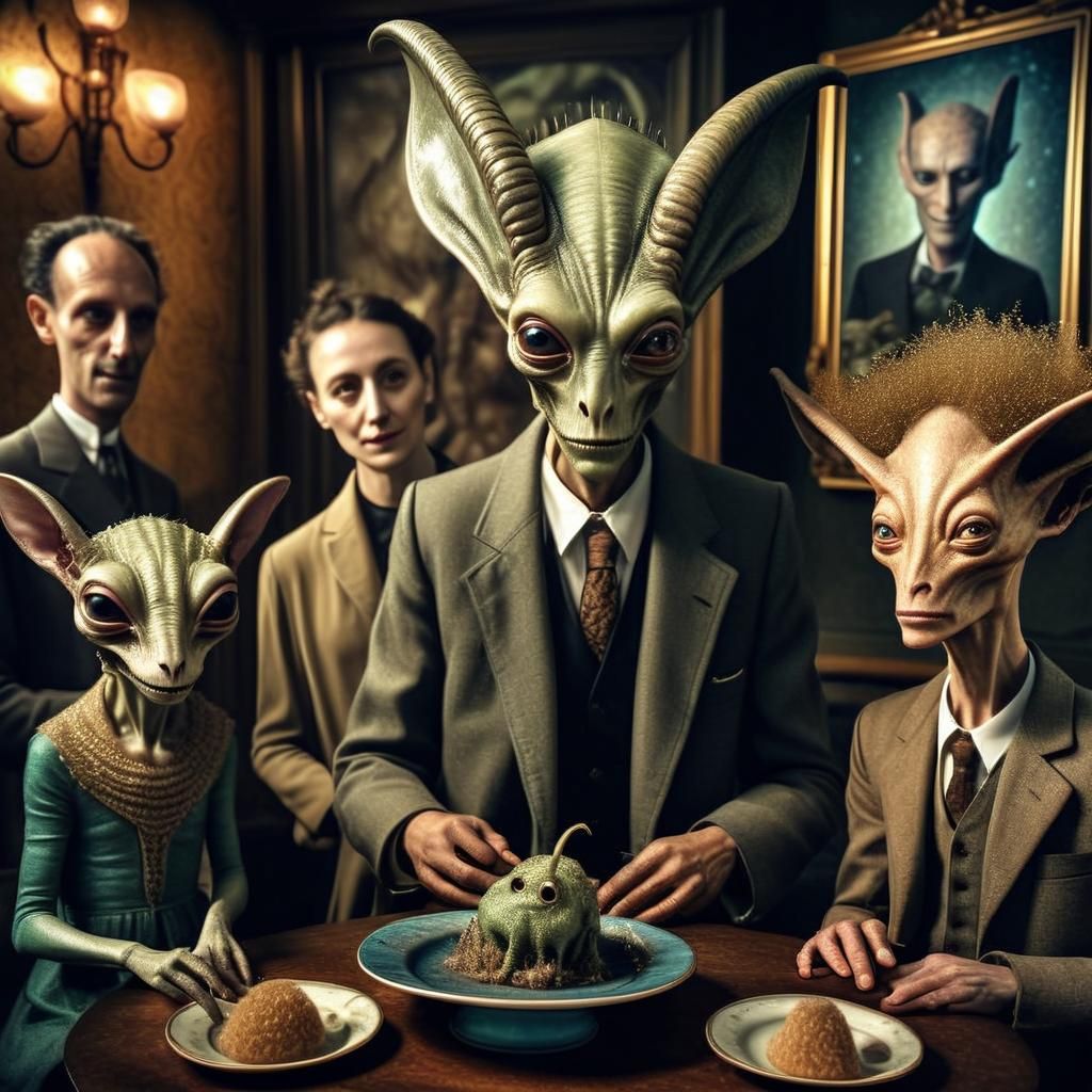 Smiling Alien People and Pets in a Surreal Landscape