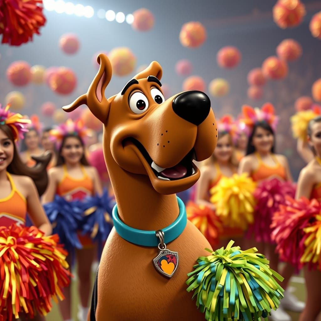 Scooby Doo Surrounded by Cheerleader Pom Poms