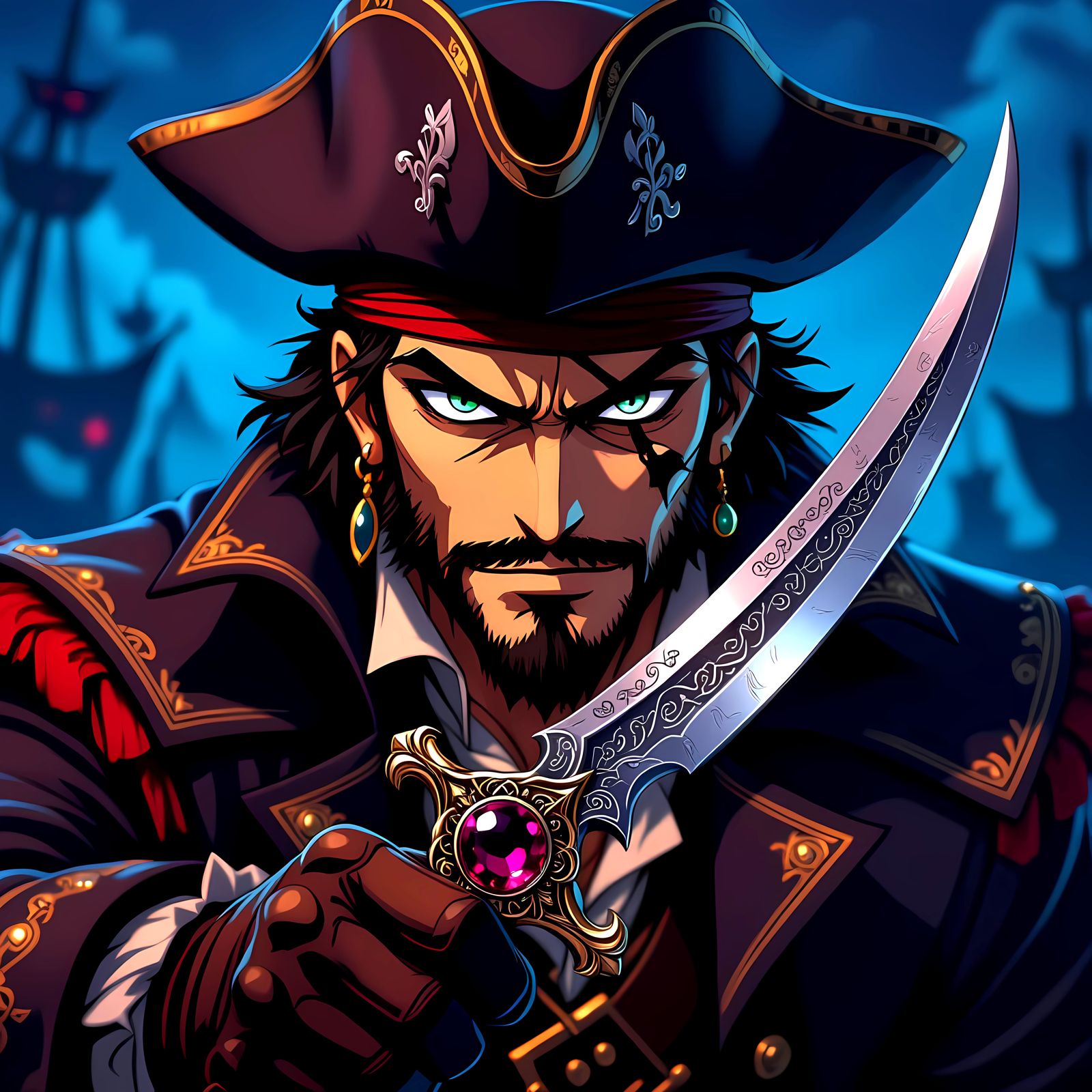 Anime Pirate Captain in Starry Night
