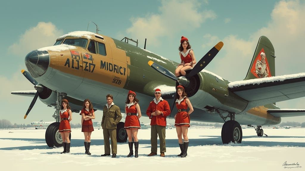 Pilots and Pinup Plane in Retro Illustration Style