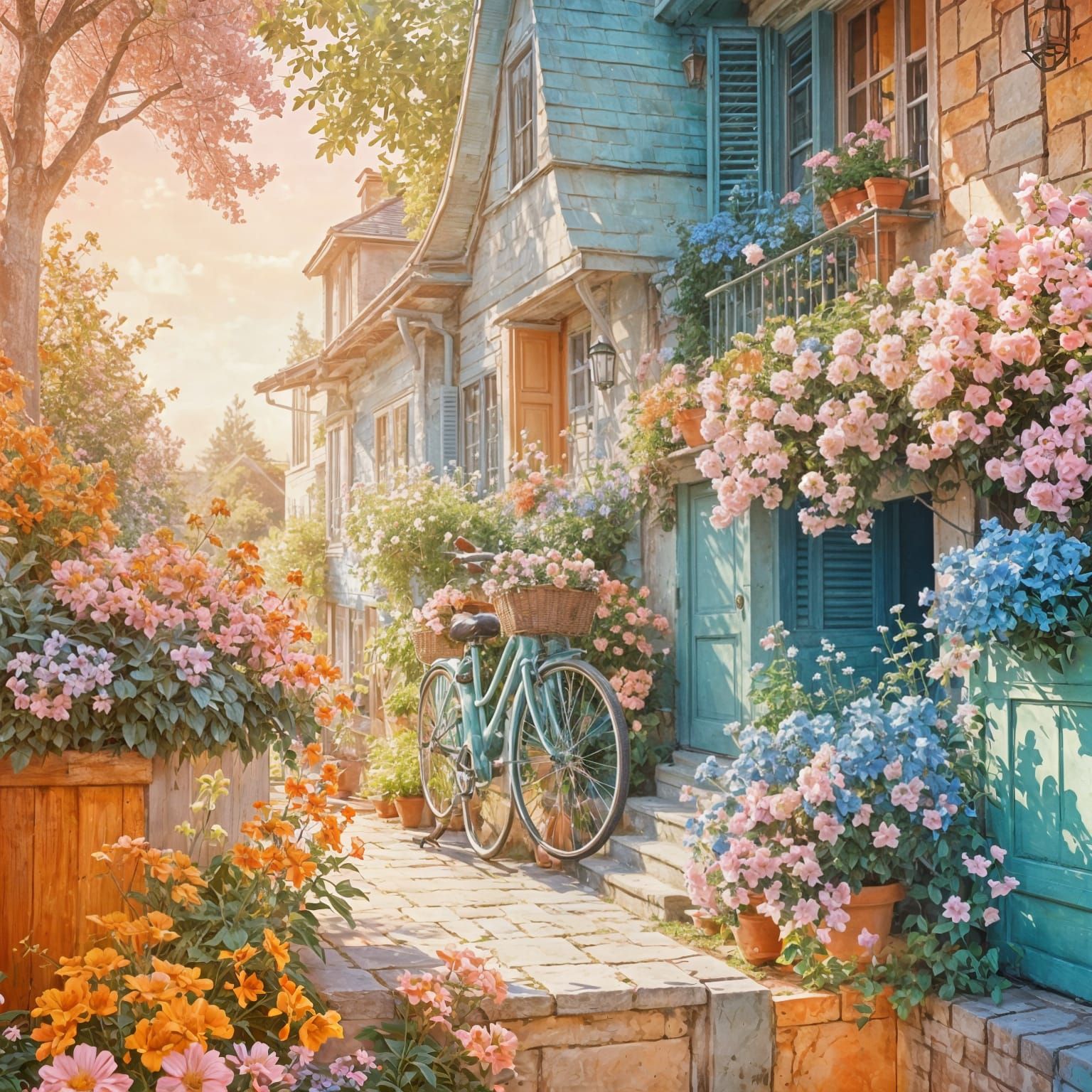 "Digital illustration in soft pastel tones, depicting an old cozy house with balconies adorned with flowers. The facade ...