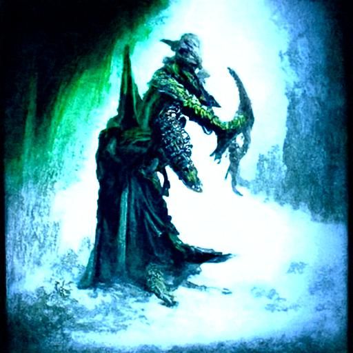 Dragonborn Wizard in Dark Mist, Horror Illustration