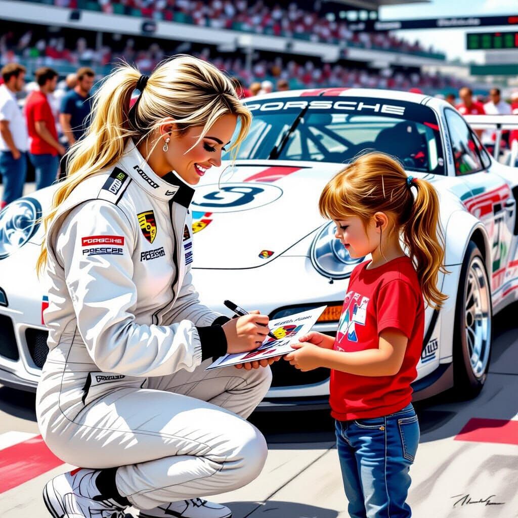 Race Car Driver Autographing Photo in Le Mans Paddock