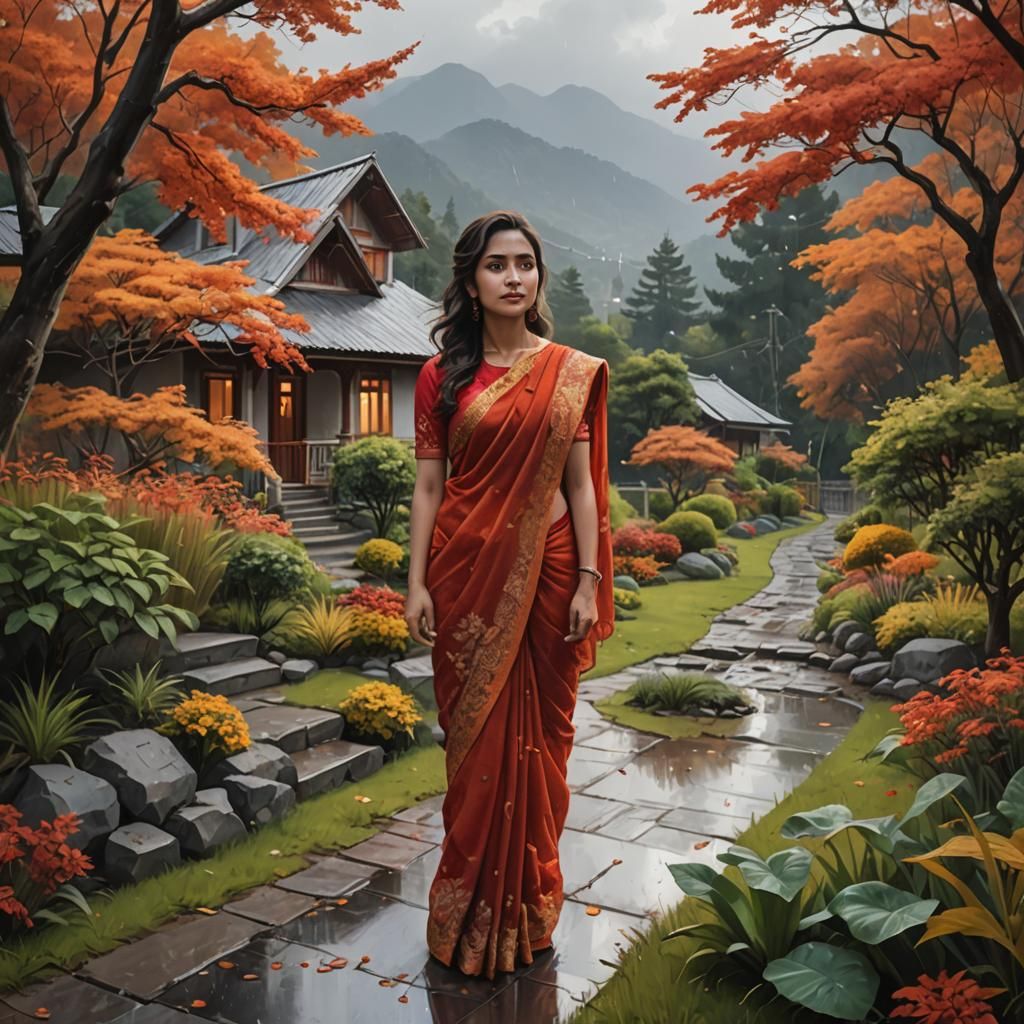 Woman in Red Saree in Rainy Autumn Garden