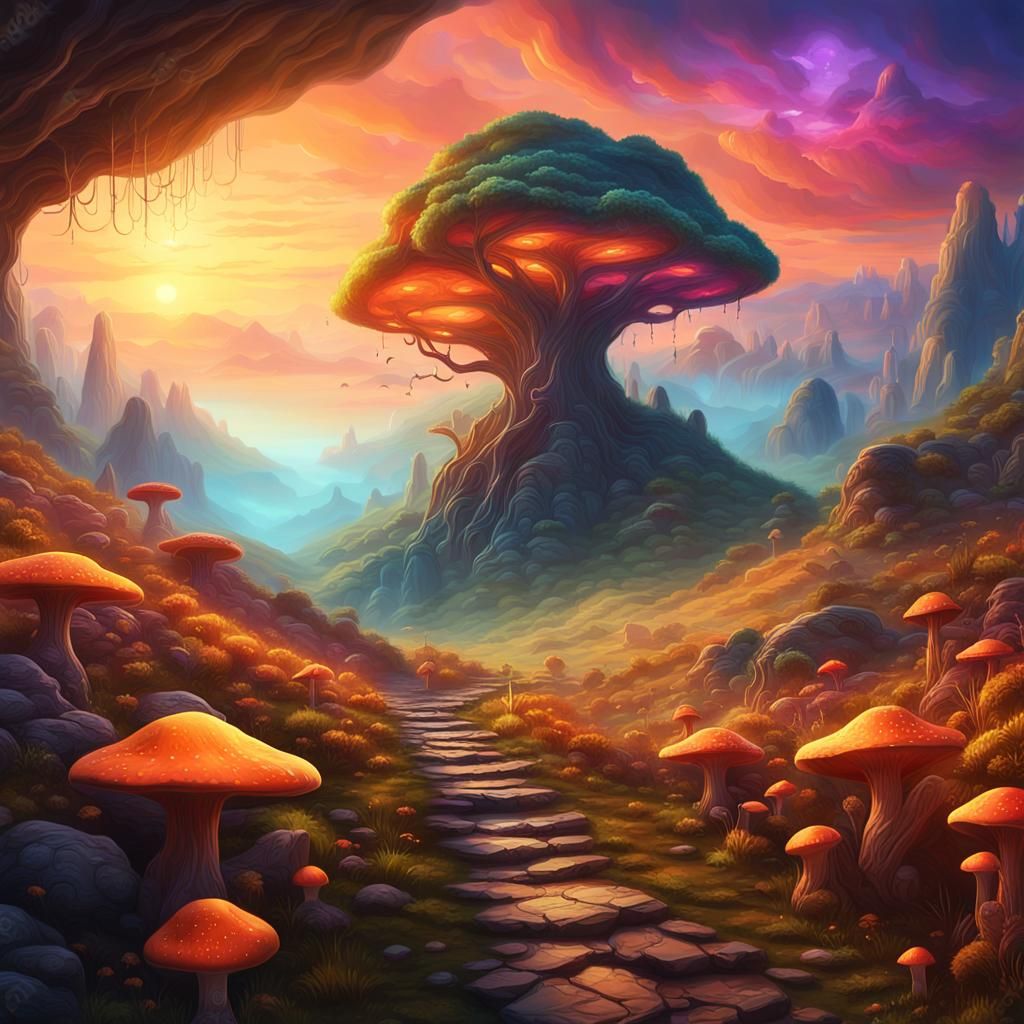 Fantastical Landscape with Glowing Mushrooms: Fantasy Concep...