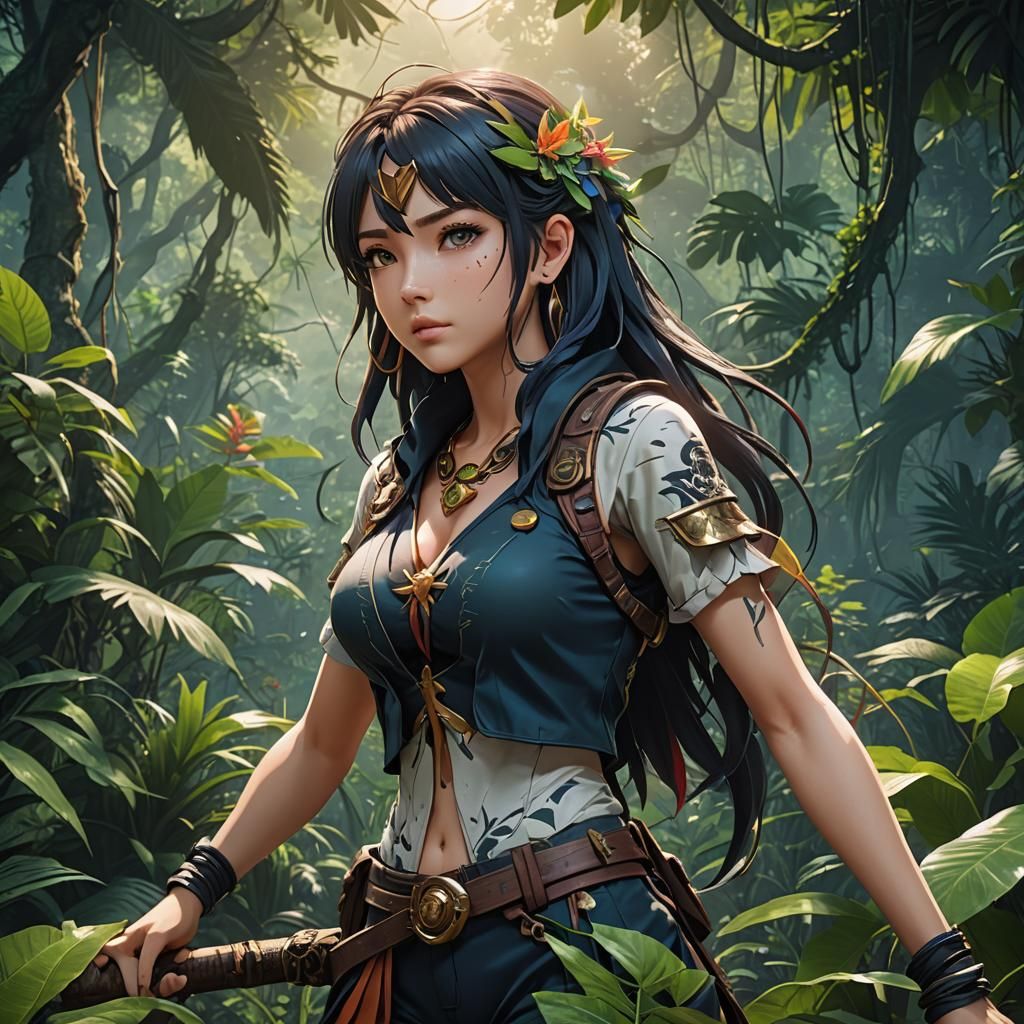 Anime Girl in Jungle: Detailed Matte Painting