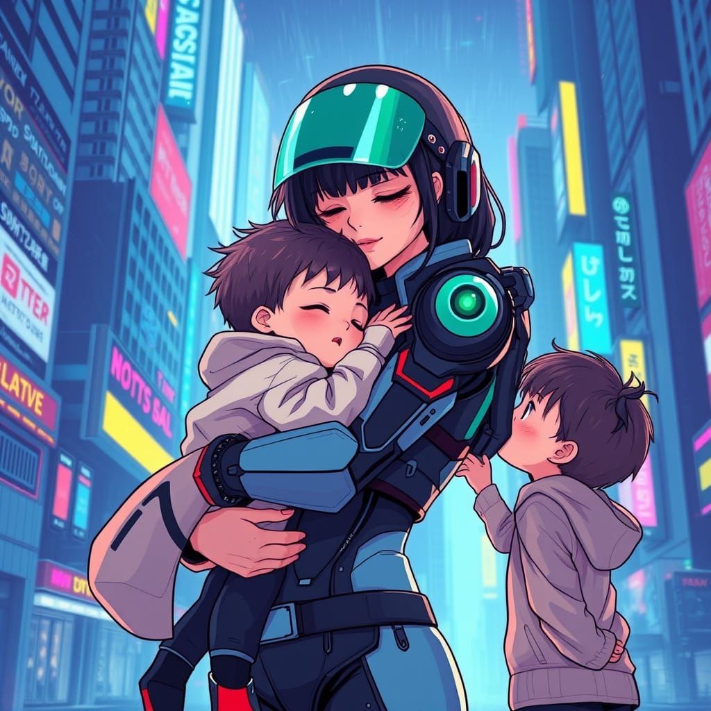 Mother in Futuristic Cel-Shaded Family Portrait