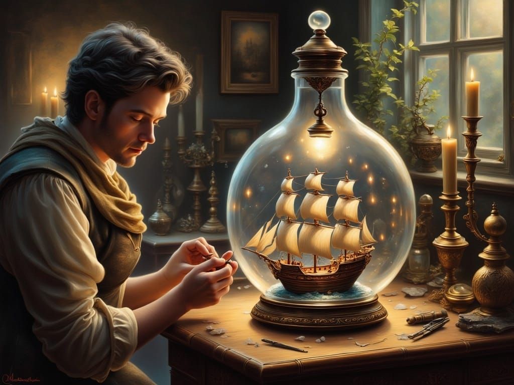Artisan Crafting Miniature Ship Inside Bottle, Dutch Golden ...