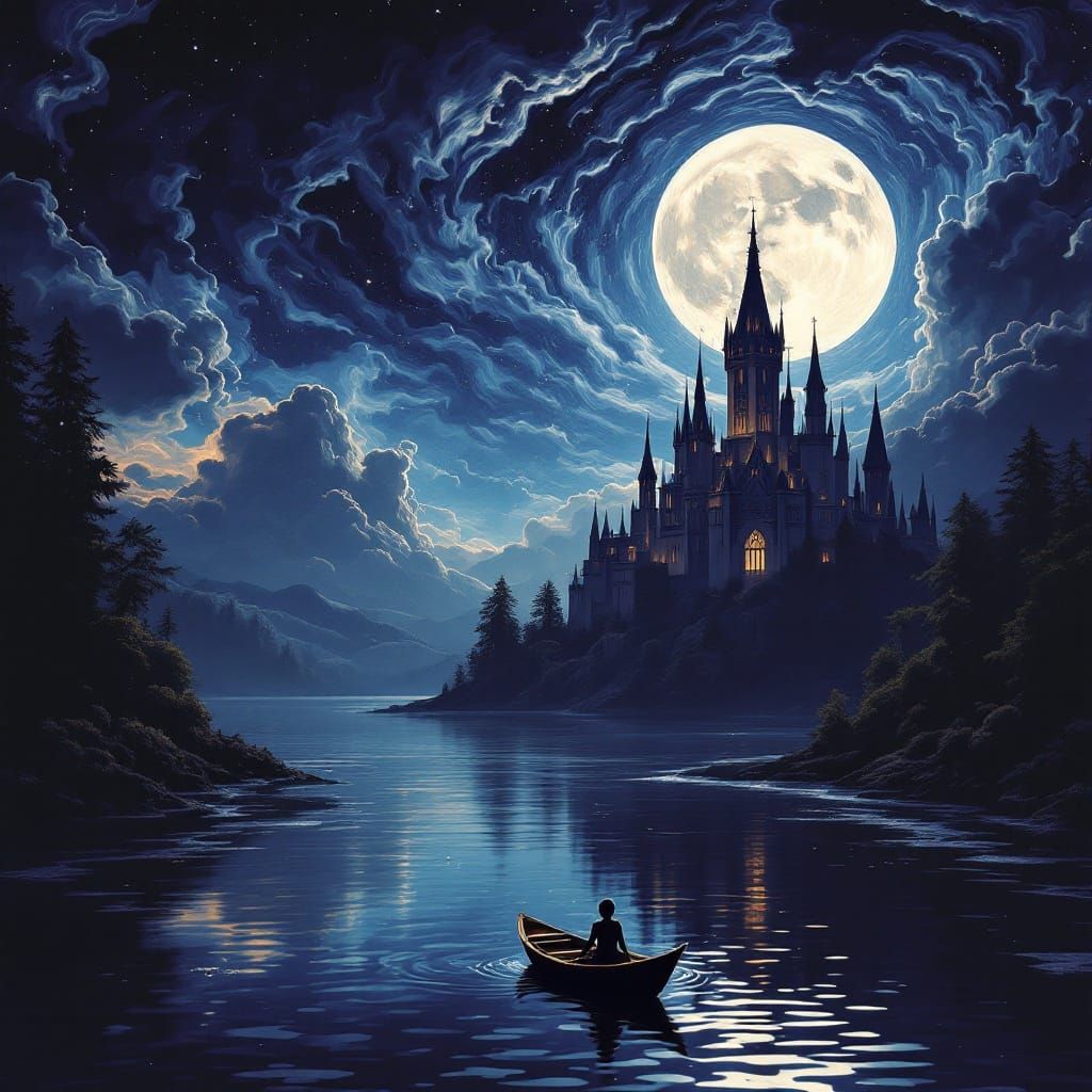 Ethereal Nighttime Scene with Majestic Castle and Radiant Fu...