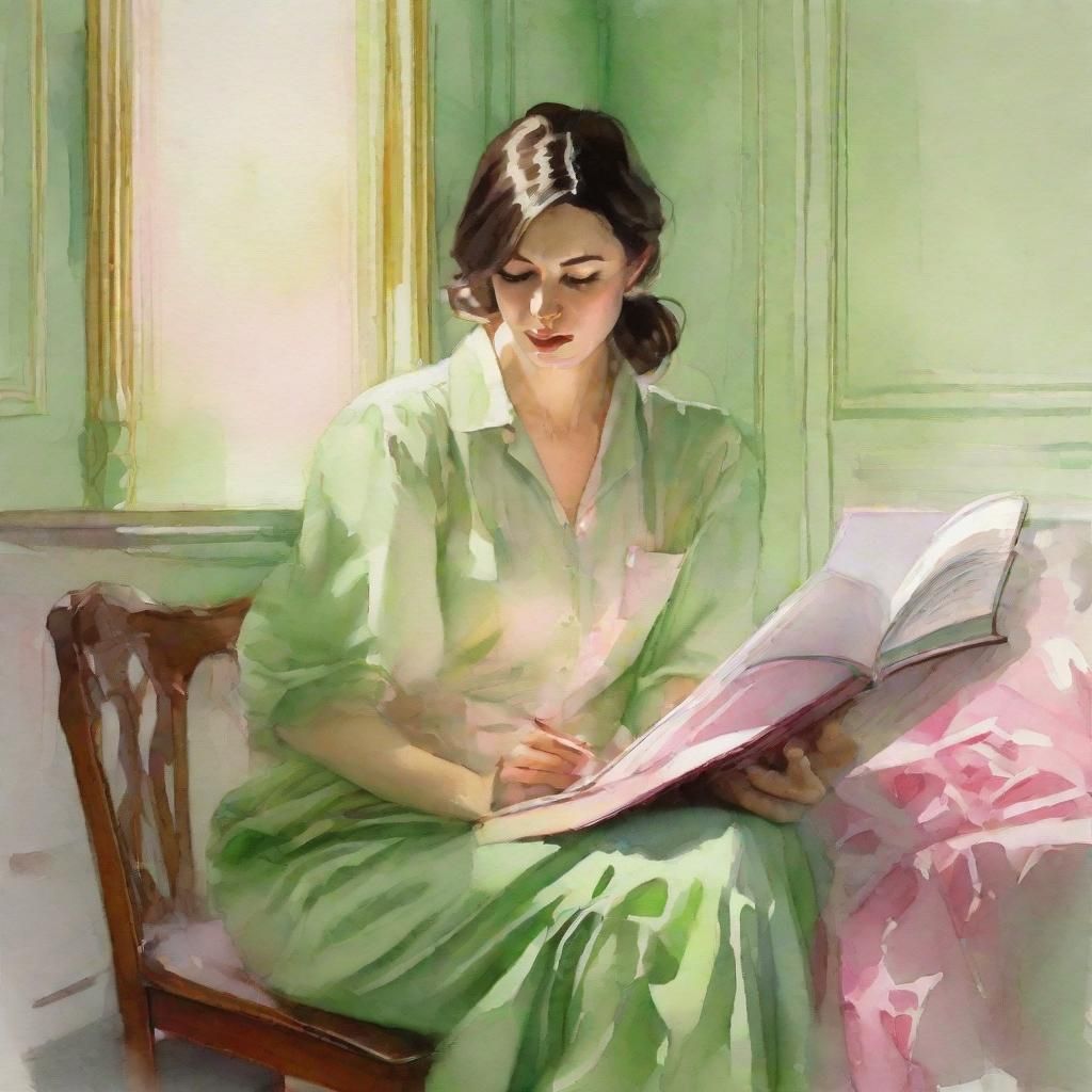 Seated Brunette Reading: Watercolor Artstation Portrait