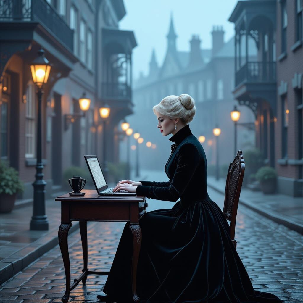 Victorian Woman Typing on Laptop in Mysterious Gaslit Street