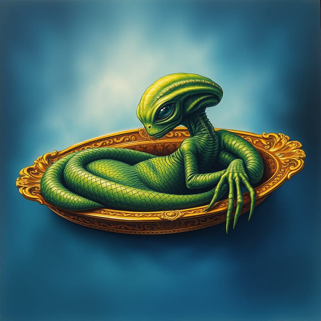 Hyperdetailed Charcoal Drawing of a Green Alien in a Golden ...