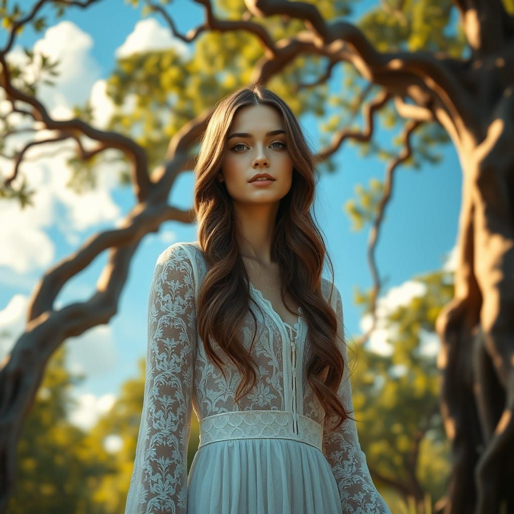 Serene Fantasy Woman in Lush Landscape with Gnarled Trees an...
