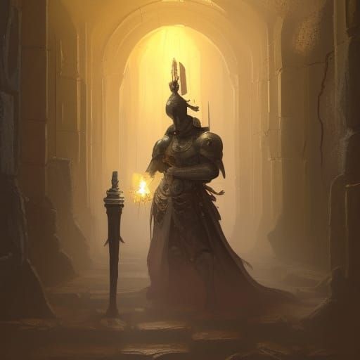 Knight Discovering Ancient Art in Dark Hallway