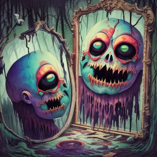 Happy Monster's Macabre Reflection in Glitch Art Style