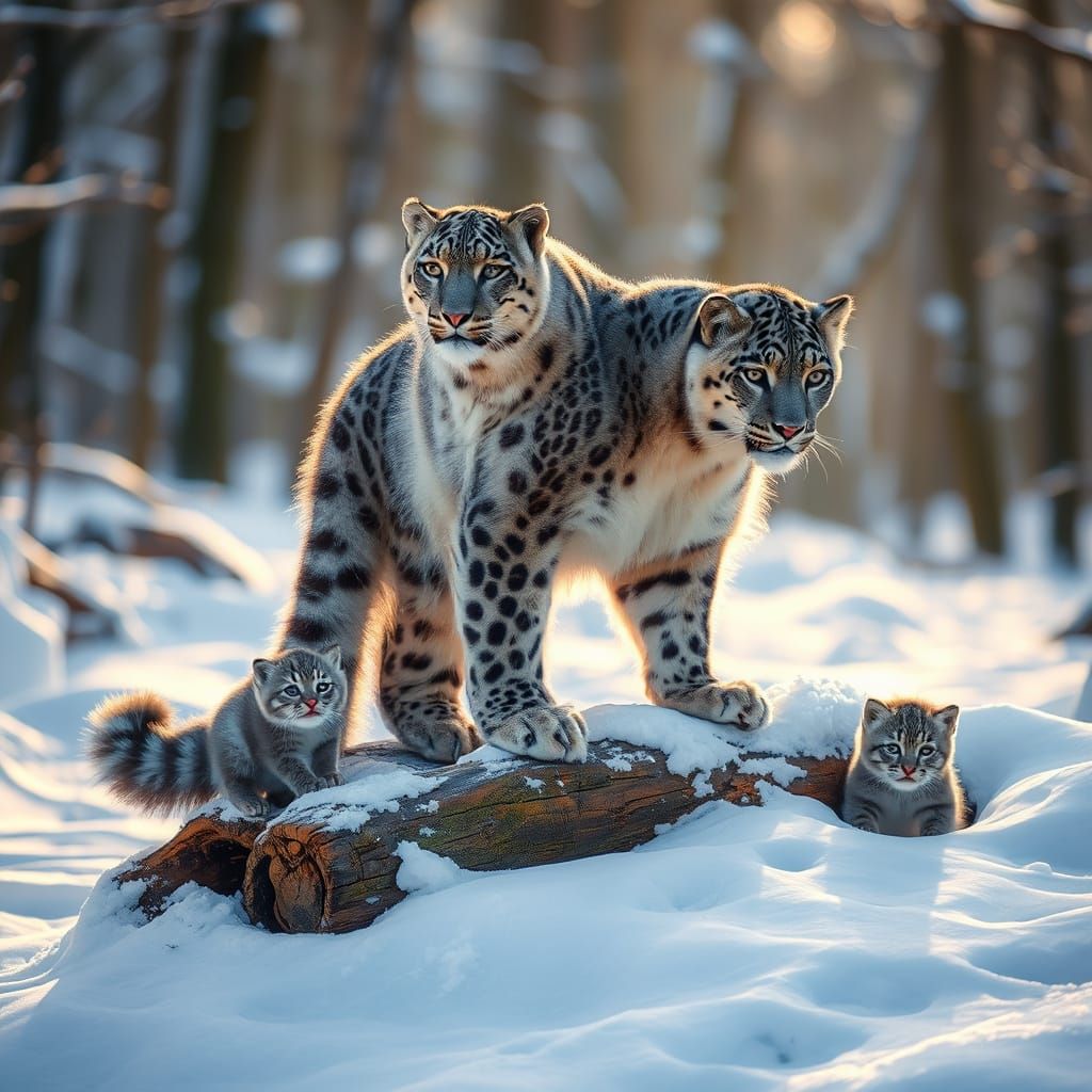 Regal Snow Leopard Family in Majestic Winter Scene