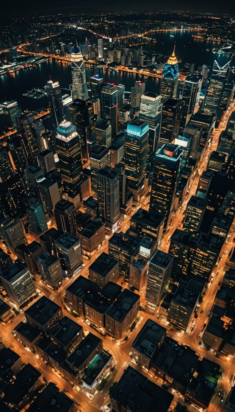 Ariel view of city lit up at night