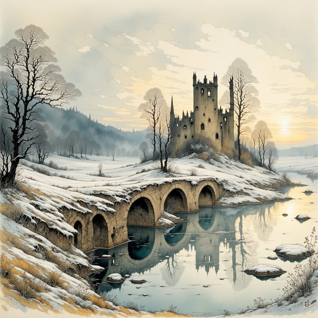 Surreal Castle Ruin Emerges from Dawn Mist in a Whimsical, A...