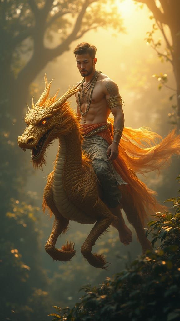 Man Soars on Golden Dragon in Asian-Inspired Forest at Dawn