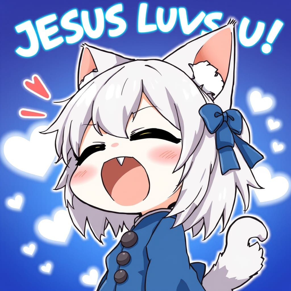 Cute Chibi Anime Catgirl Shouts with Joy in Vibrant Colors