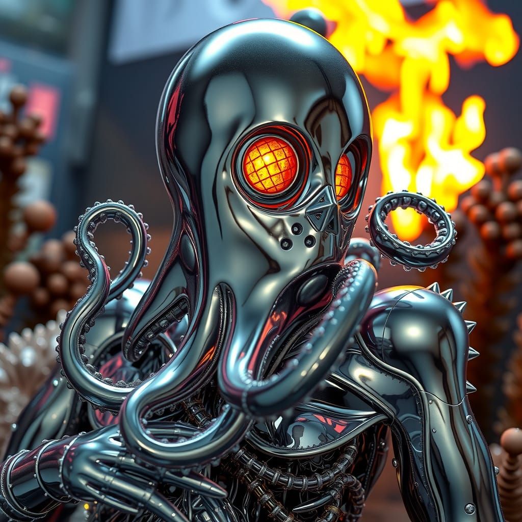 Polished Chrome Ocean Diorama with Glowing Fire