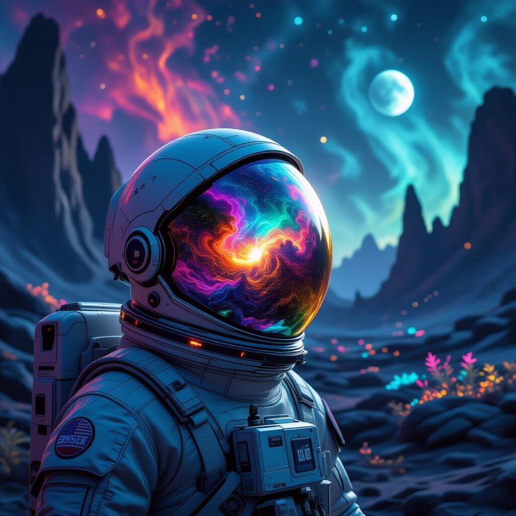 Astronaut Visor Reflects Nebula on Alien Planet