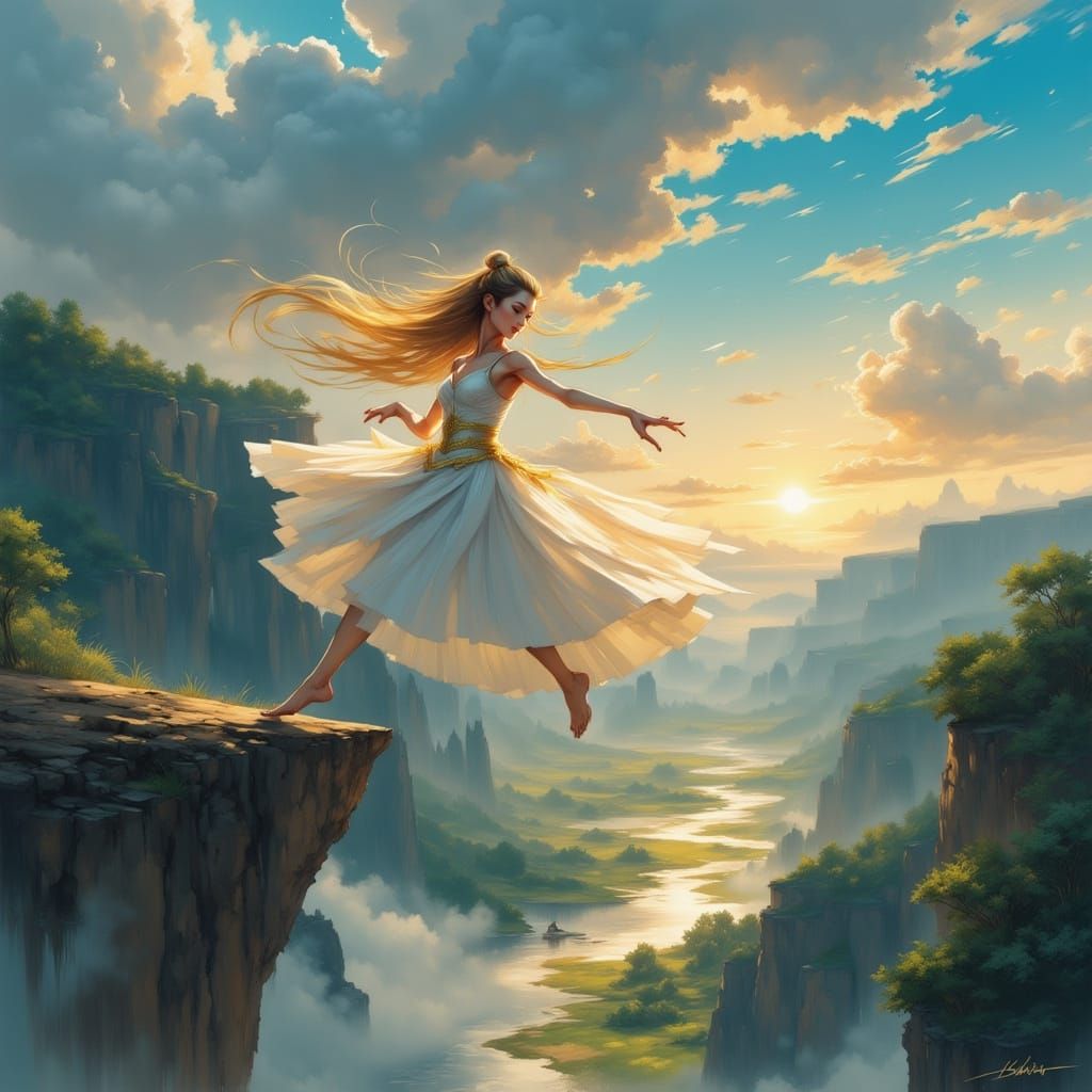 Ethereal Wonder: Young Woman Soars Amidst Misty Valley