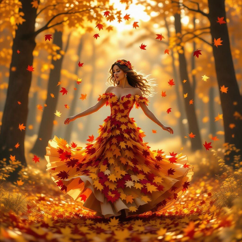 Autumn Goddess Dancing in Sunlit Forest
