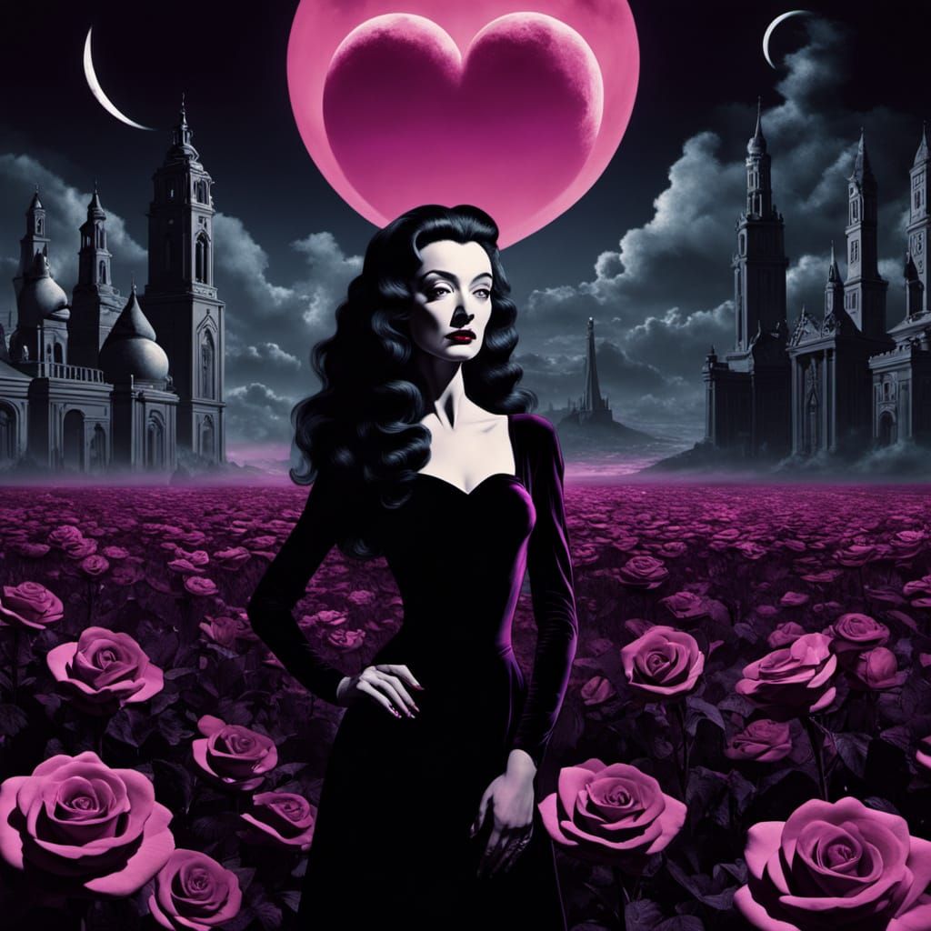 Surreal Dreamscape with Gothic Figure in Magenta Glow