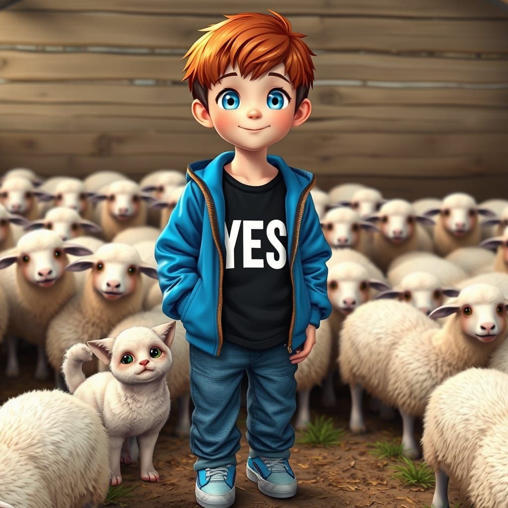 Peaceful Boy and Ovine Kitty in Rustic Sheep Pen